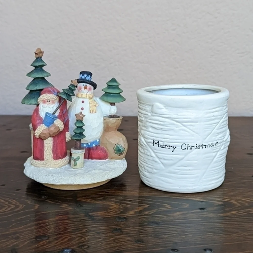 VTG Rustic Christmas Candle Holder With Topper Santa‎ And Snowman 7 1/2